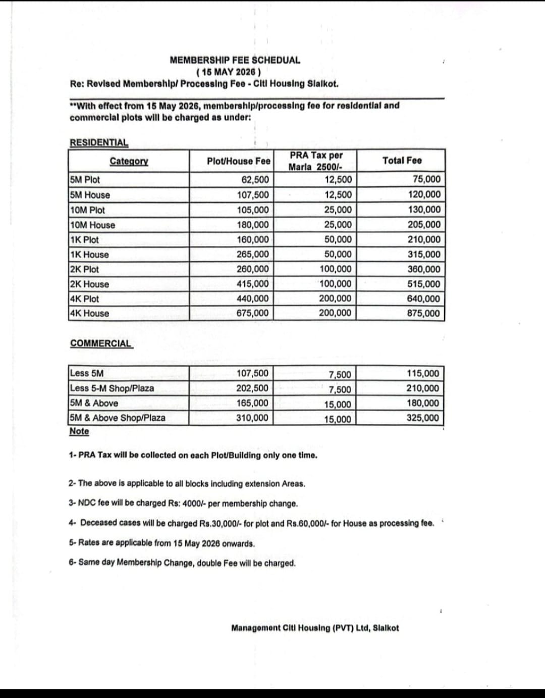 Citi housing Sialkot transfer fee membership fee