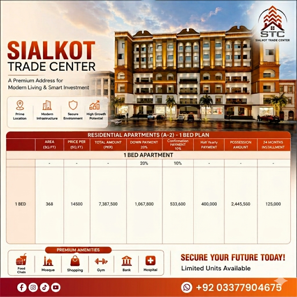 1 Bed flat for sale in sialkot on 2 years installment